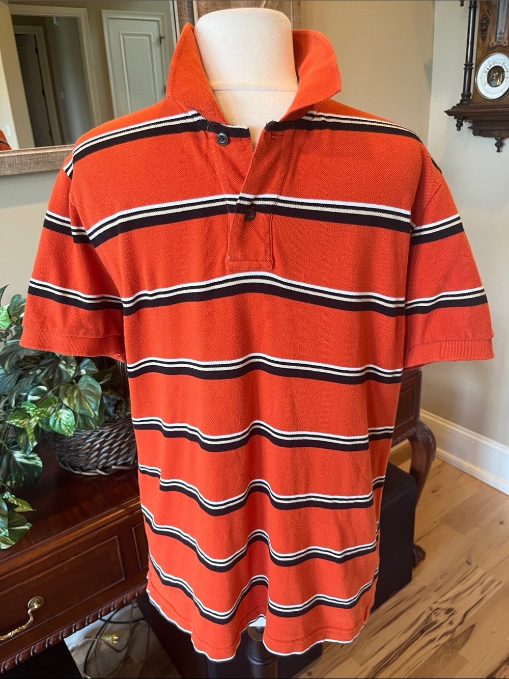 Chaps Burnt Orange Polo with Black & White Stripes 70s Vibe